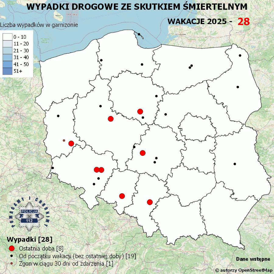 Mapa prezentująca liczbę wypadków poprzedniej doby w Polsce. Prezentowane dane są dostępne w tekście poniżej.